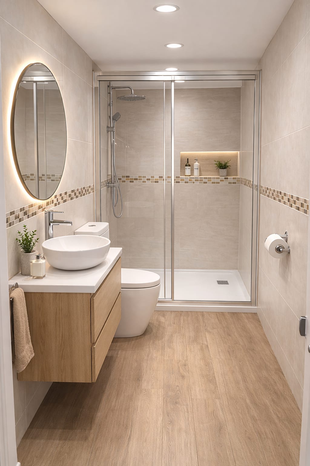Reforma de baño completo con ducha y suelo de madera