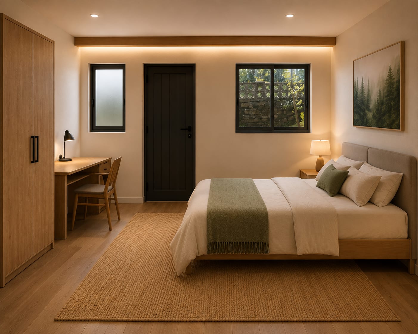 Reforma de dormitorio con iluminación cálida y acabados de madera